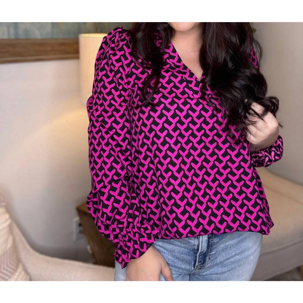 NEW FSL printed v neck long sleeves top in royal multi